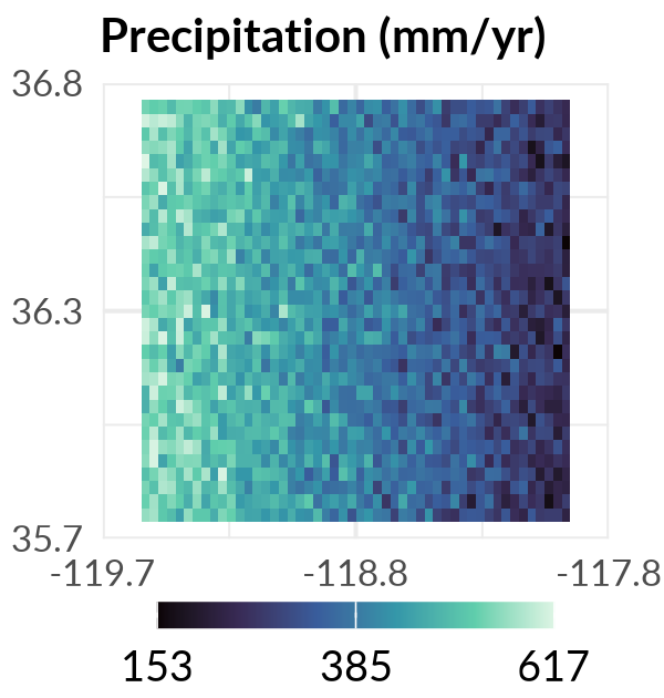 Map of input precipitation in millimeters per year across the grid, wetter to the west